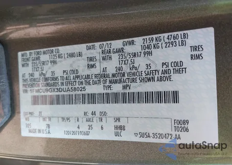 2013 Ford Escape Se из США, поврежденный, VIN 1FMCU9GX3DUA58025